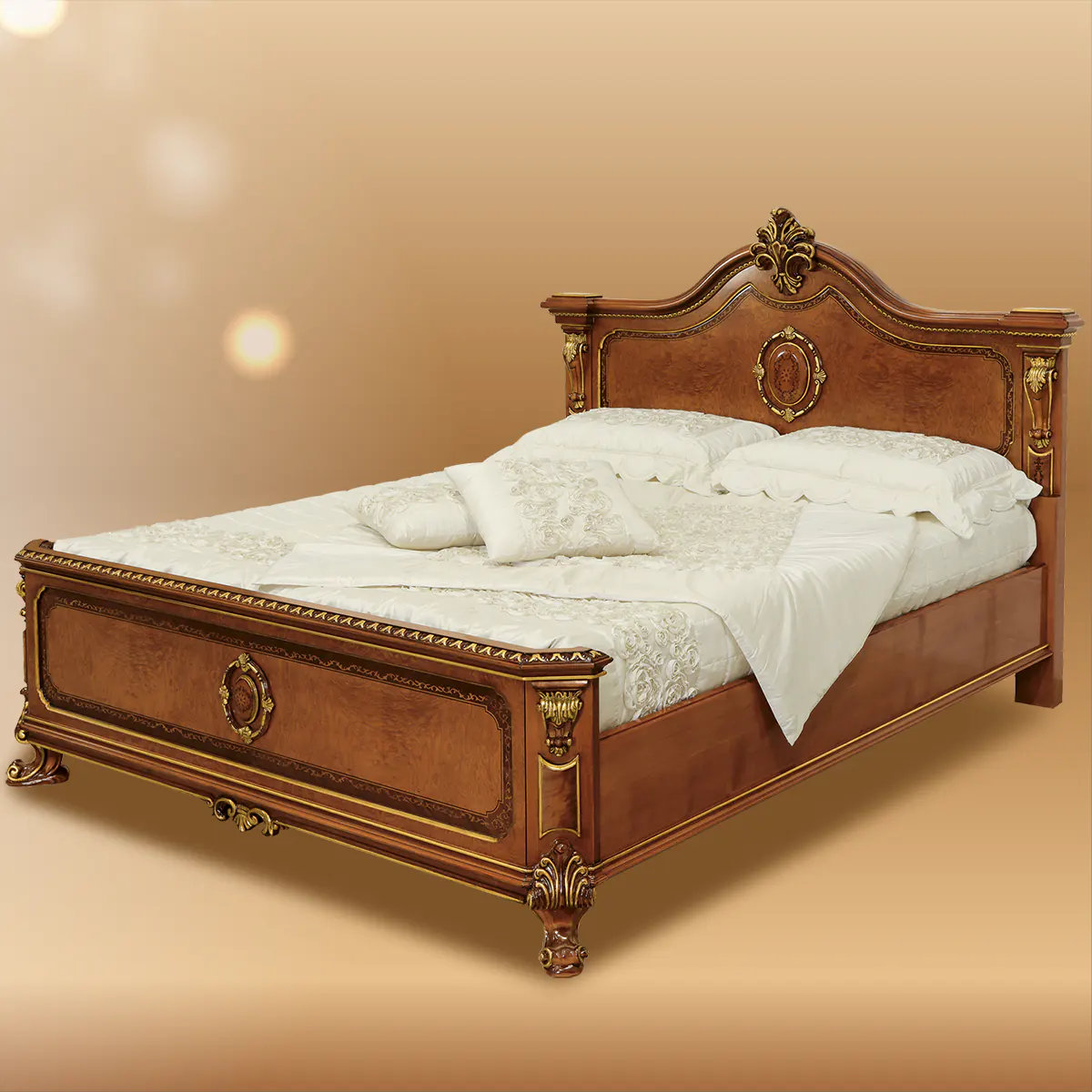 Prestige Bed by Marzorati - Luxurious Italian handcrafted bed with white ash burl veneer and walnut borders.