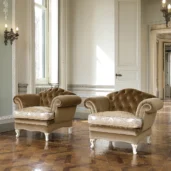 Luxurious Italian velvet armchairs in an elegant room with parquet floors, crafted by high-end design furniture factory.