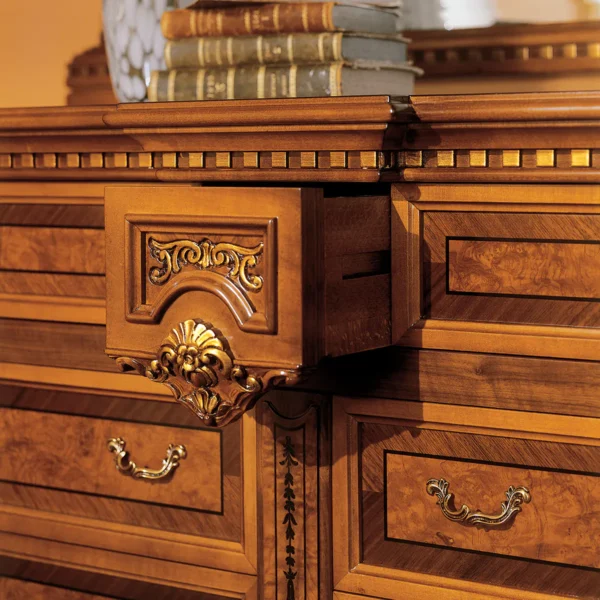 Luxurious handmade Italian wooden dresser with intricate carvings, perfect for elegant villa and palace interiors.