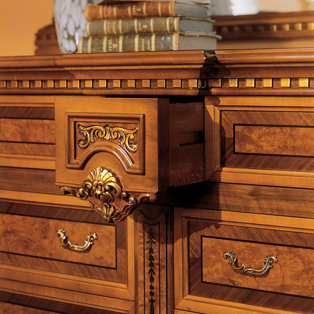 Luxurious handmade Italian wooden dresser with intricate carvings, perfect for elegant villa and palace interiors.