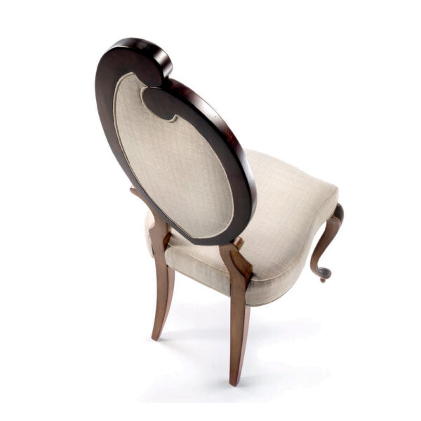 Elegant Italian luxury wood and fabric chair design by high-end furniture manufacturer.