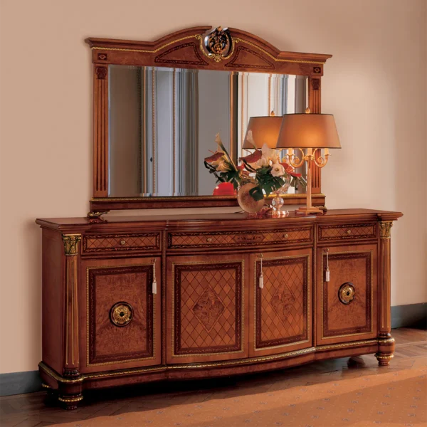 Elegant handmade Italian wooden sideboard with ornate design and mirror, crafted for luxury villas and palaces.