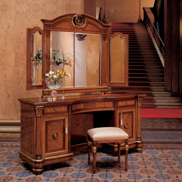 Elegant handcrafted wooden vanity with ornate mirror and stool, perfect for luxury villas and palace interiors.