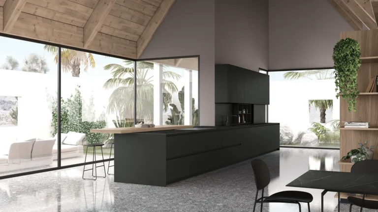 Cucina moderna in design minimalista con arredi di lusso e ampie vetrate, spazio elegante e luminoso.