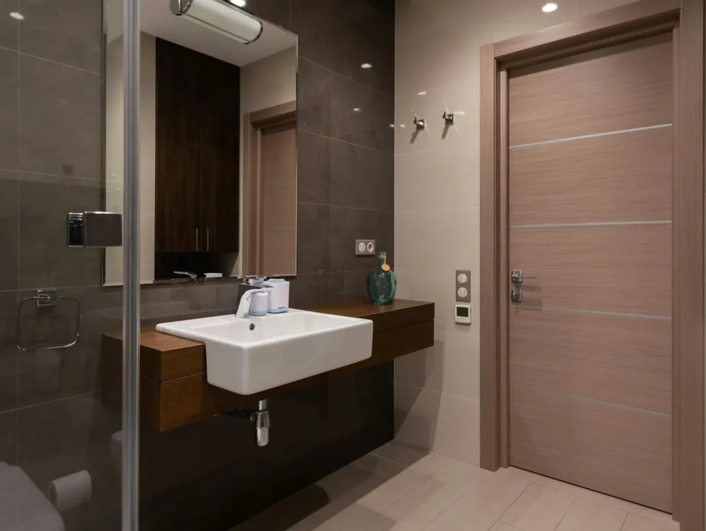 Un moderno mobile bagno su misura realizzato in legno scuro con lavabo sospeso, specchio a parete illuminato e mobiletto sottolavabo con cassetti e ante. Il mobile bagno è completato da faretti a LED e da una finitura elegante e raffinata. La foto mostra un bagno luminoso e spazioso, con un pavimento in gres porcellanato effetto marmo e pareti bianche.