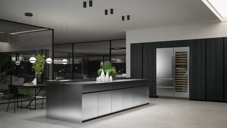 Cucina di design moderno con isola in acciaio e dettagli eleganti, lusso made in Italy.