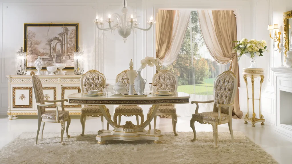 Elegante sala da pranzo con mobili artigianali, design classico e finiture di lusso, perfetta per ambienti raffinati.