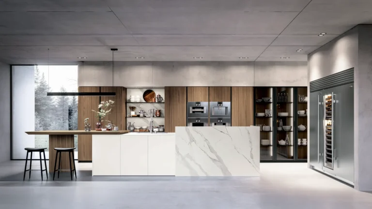 Cucina moderna di design in legno e marmo, lusso italiano per un'arredamento elegante e sofisticato.