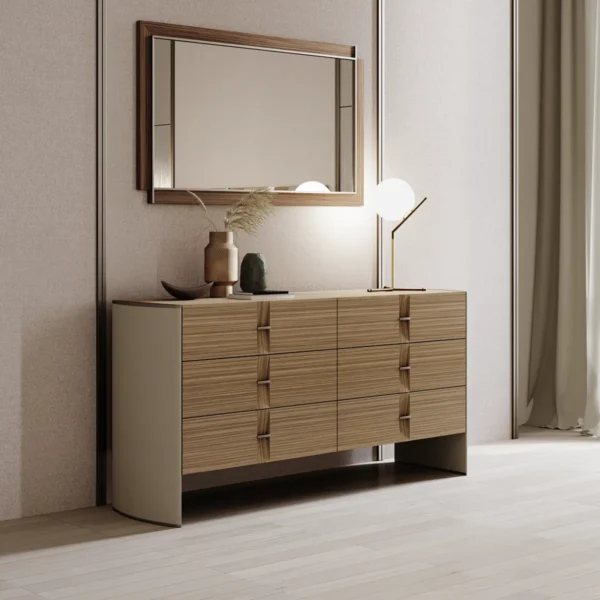 Modern wood dresser with decorative vases and a lamp, under a rectangular mirror, in a stylish room.