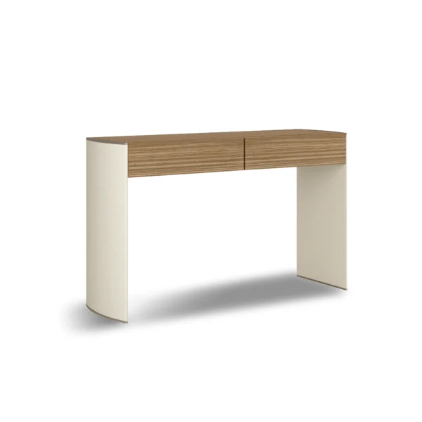 Modern wooden desk with two drawers and curved cream legs on white background. Ideal for minimalist home office decor.