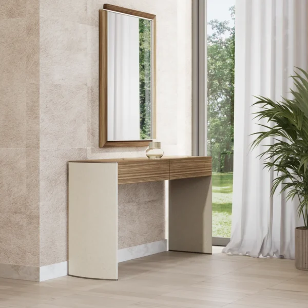 Modern hallway with wooden mirror and console table next to a window and green plant. Minimalist interior design.