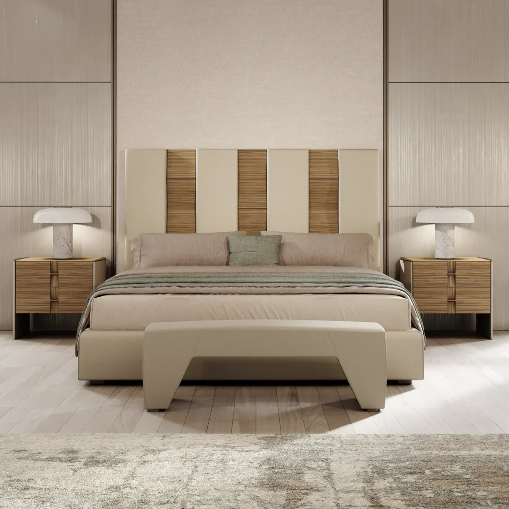 Camera da letto di lusso con letto e comodini in legno elegante, design italiano moderno e raffinato.