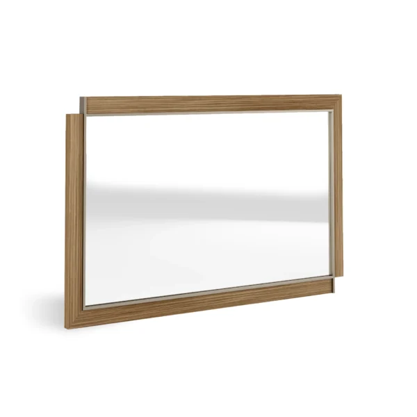 Modern wooden framed mirror with sleek minimalist design on a white background.