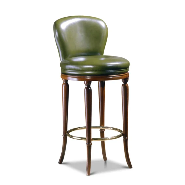 Green leather bar stool with backrest and wooden frame