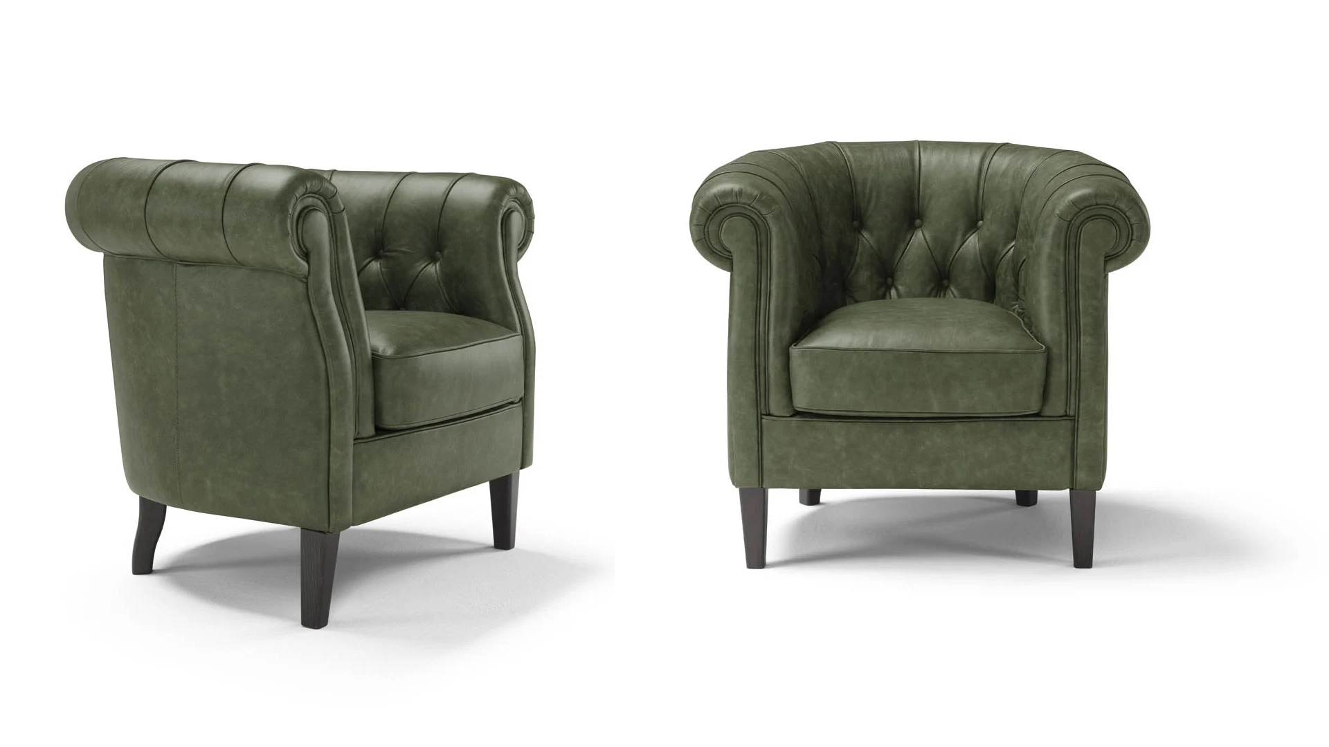 Divani Chesterfield Poltrona verde di design artigianale in pelle, elegante e su misura per interni sofisticati.