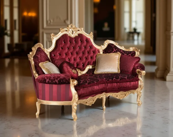 Divano lussuoso con struttura dorata e rivestimento rosso trapuntato, decorato con cuscini oro e rosso, ambientato in una stanza elegante con pavimento in marmo, colonne e applique a parete