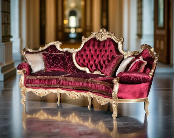 Divano lussuoso con rivestimento in velluto rosso e dettagli dorati, schienale alto trapuntato e cuscini decorativi, ambientato in una stanza elegante con colonne e stucchi classici