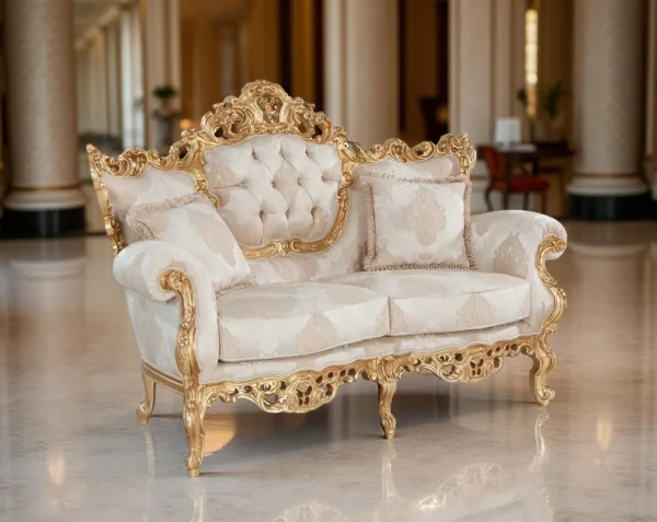 Divano lussuoso con dettagli dorati e schienale trapuntato, rivestito in tessuto beige con motivo damascato, ambientato in una stanza elegante con pavimento in marmo, colonne e archi