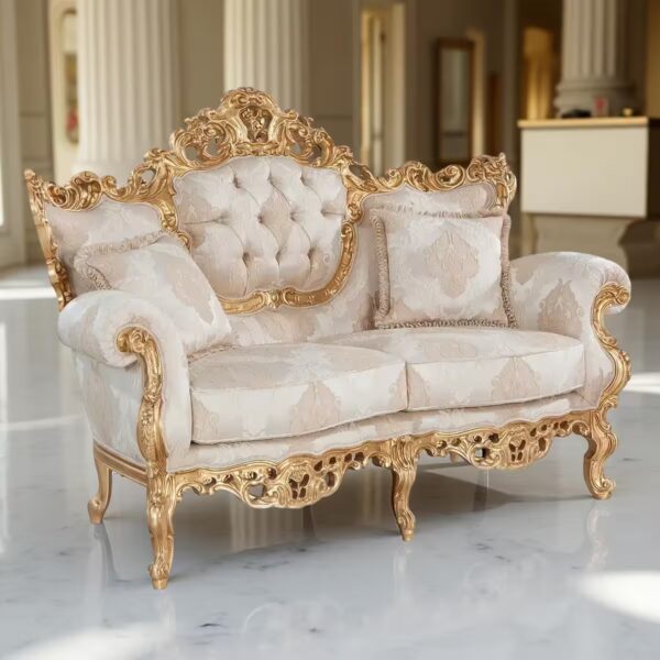 A luxurious sofa with golden details and a tufted backrest, upholstered in beige fabric with a damask pattern, set in an elegant room with marble flooring, columns, and arches.
