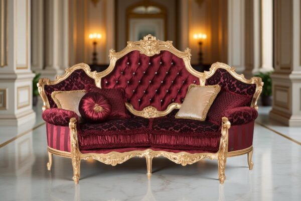 A luxurious sofa with a golden frame and tufted red upholstery, adorned with gold and red cushions, set in an elegant room with marble flooring, columns, and wall sconces.