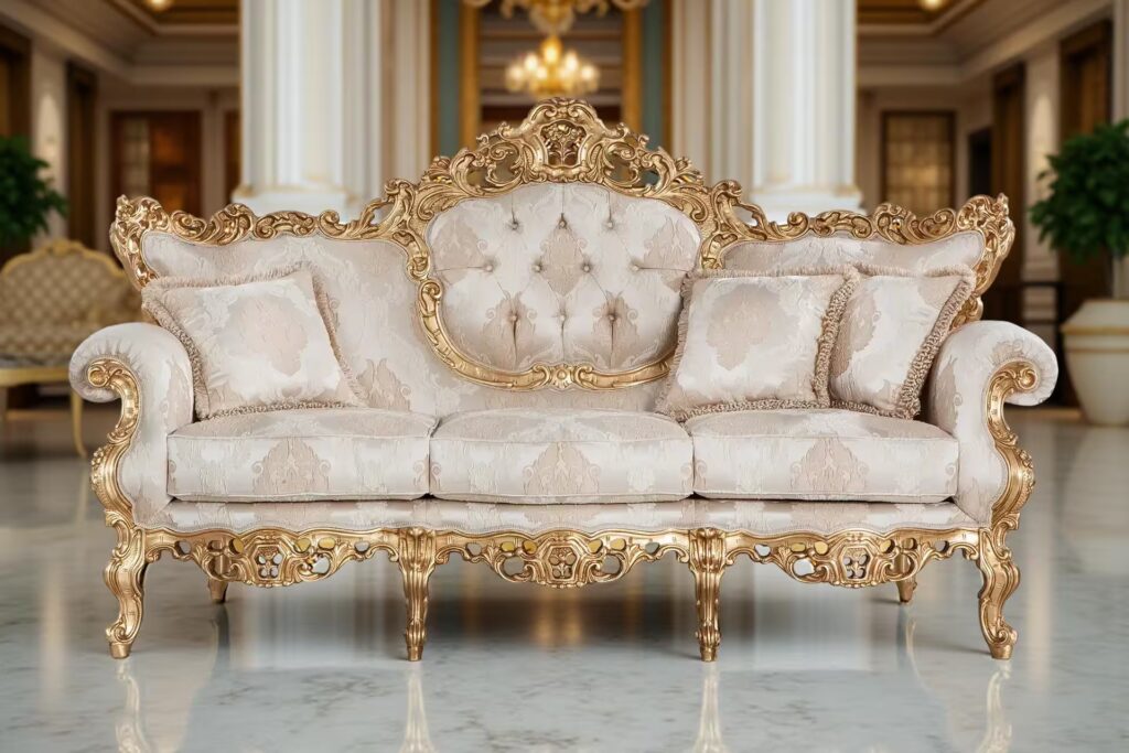 Divano lussuoso con dettagli dorati e rivestimento beige a motivo floreale, schienale trapuntato e cuscini decorativi, ambientato in uno spazio elegante con pavimento in marmo e colonne