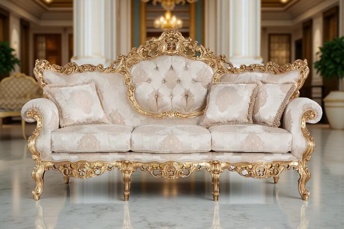 A luxurious sofa with golden details and floral beige upholstery, a tufted backrest and decorative cushions, set in an elegant space with marble flooring and columns.