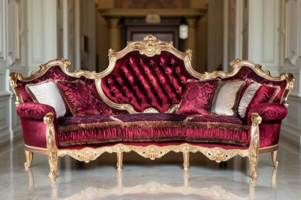 A luxurious sofa featuring red velvet upholstery and golden accents, a high tufted backrest, and decorative cushions, set within an elegant room adorned with classical columns and stucco work.