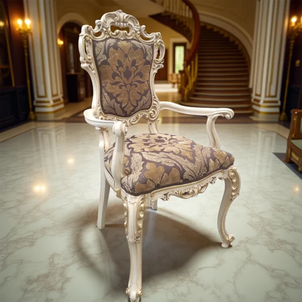 Louvre armchair in Baroque style with carved ivory-lacquered wood frame and brown-and-gold damask upholstery.