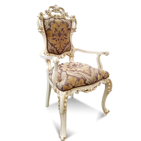 Louvre armchair in Baroque style with carved ivory-lacquered wood frame and brown-and-gold damask upholstery.