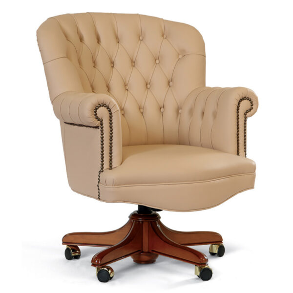 Poltrona da ufficio in pelle beige con base in legno