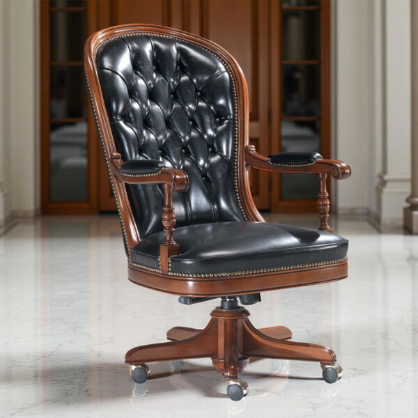 Poltrona da ufficio classica in pelle nera con struttura in legno e imbottitura trapuntata