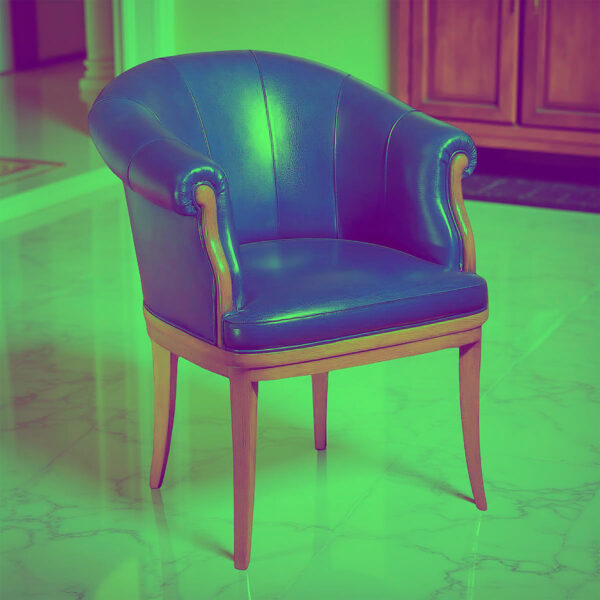 Poltrona in pelle blu con schienale arrotondato e gambe in legno
