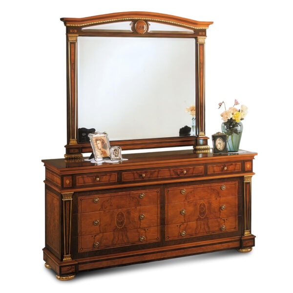 Wall-mounted classic mirror with inlaid wood frame and gold decorative details
