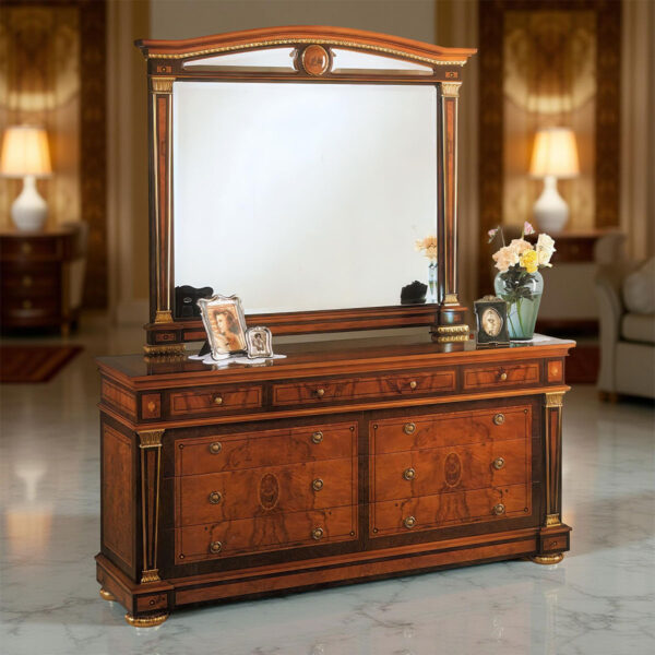 Wall-mounted classic mirror with inlaid wood frame and gold decorative details