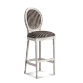 Sgabello da bar alto in legno bianco laccato con schienale ovale e rivestimento in velluto a righe grigie e crema