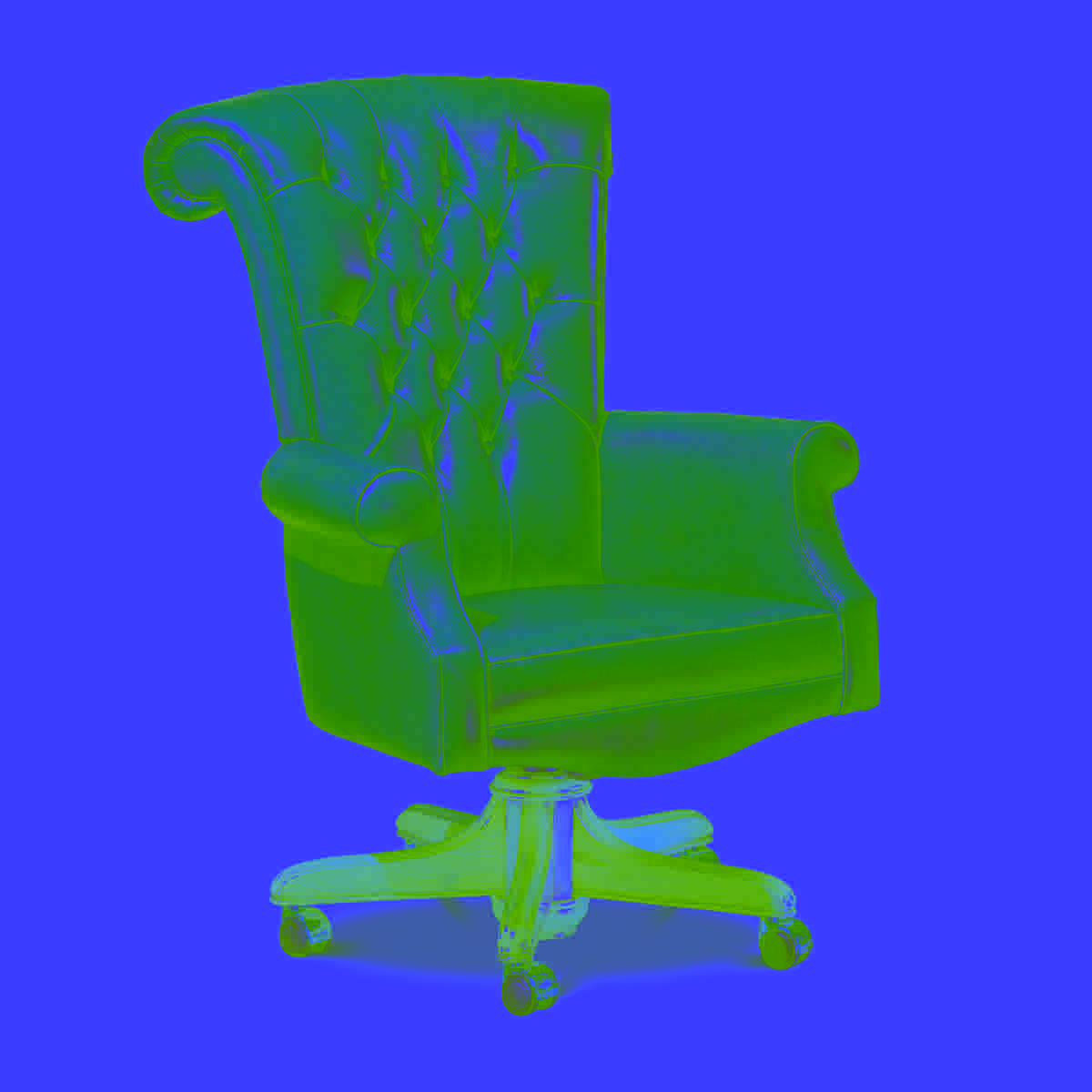 Green leather office chair with tufted backrest and wooden base