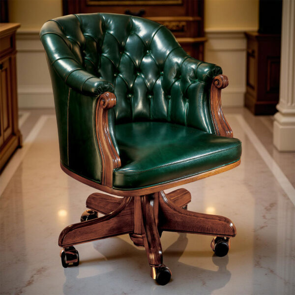 Poltrona girevole in pelle verde smeraldo capitonné con base in legno