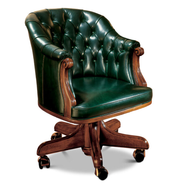 Sedia girevole in pelle verde smeraldo capitonné con base in legno
