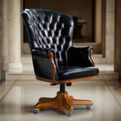 Elegant black leather office chair with tufted backrest and wooden base in marble interior