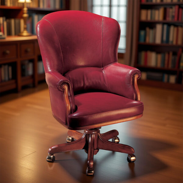 Poltrona girevole esecutiva in pelle bordeaux con base in legno