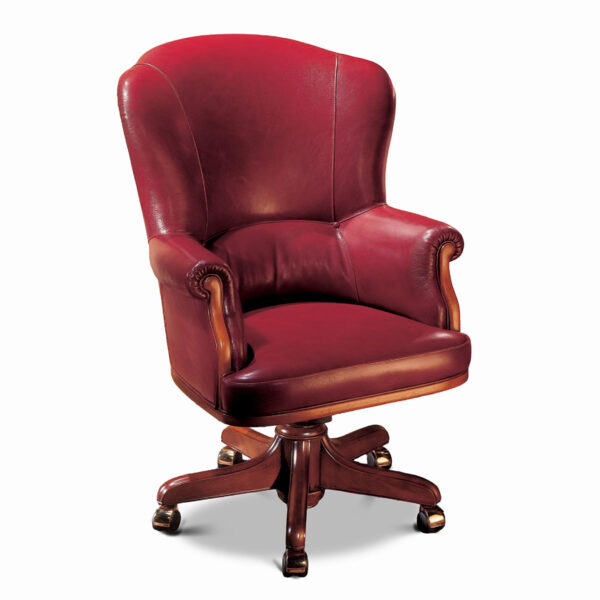 Sedia girevole esecutiva in pelle bordeaux con base in legno