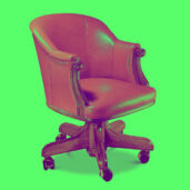 Poltrona da ufficio in pelle rossa con braccioli in legno e cuciture decorative