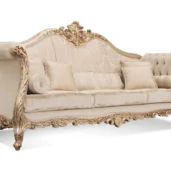 Wagner classic three-seater Baroque sofa with hand-carved gilded wood frame and light damask fabric upholstery.
