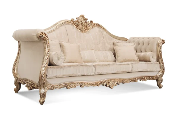 Wagner classic three-seater Baroque sofa with hand-carved gilded wood frame and light damask fabric upholstery.