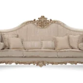 Wagner classic three-seater Baroque sofa with hand-carved gilded wood frame and light damask fabric upholstery.