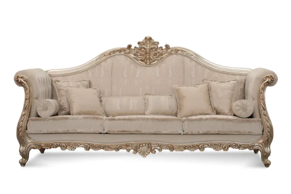 Wagner classic three-seater Baroque sofa with hand-carved gilded wood frame and light damask fabric upholstery.