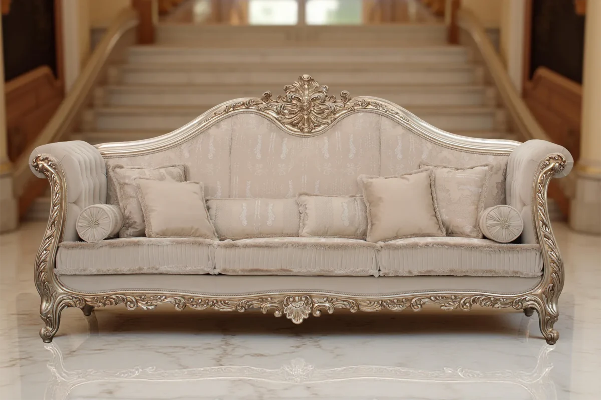 Wagner classic three-seater Baroque sofa with hand-carved gilded wood frame and light damask fabric upholstery.