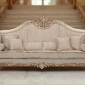 Wagner classic three-seater Baroque sofa with hand-carved gilded wood frame and light damask fabric upholstery.