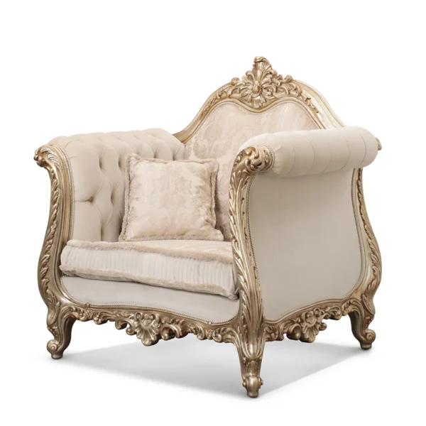 Wagner armchair in Baroque style with gold-carved wood frame, upholstered in light damask fabric with tufted detailing.