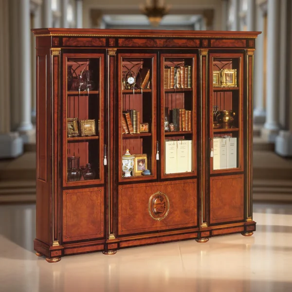 Italian luxury design wooden bookcase with glass shelves and intricate details, showcasing elegance and craftsmanship.